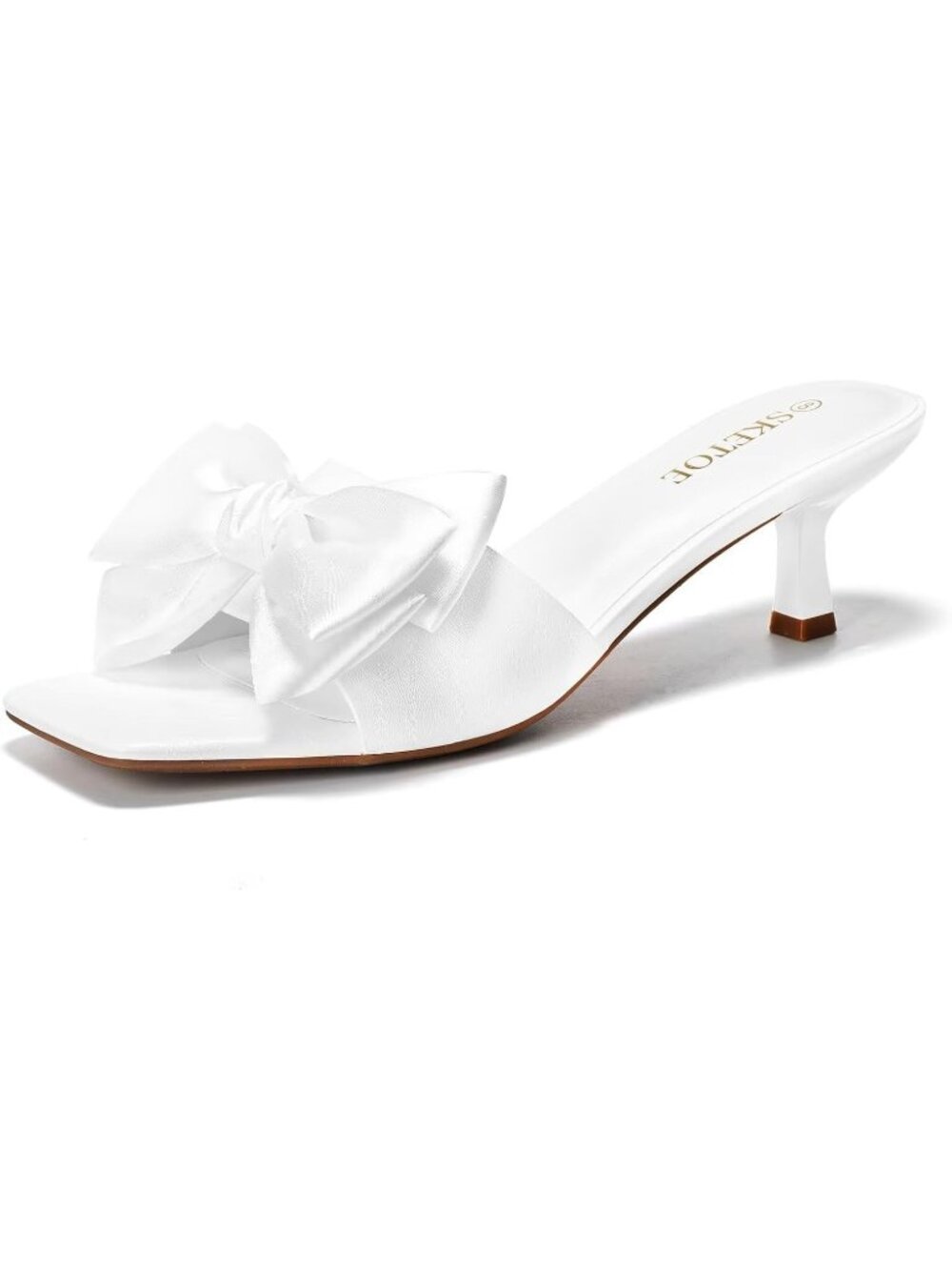 Women's White Faux Leather Lightweight Comfort 2 Inch Bow Square Open Toe Heels